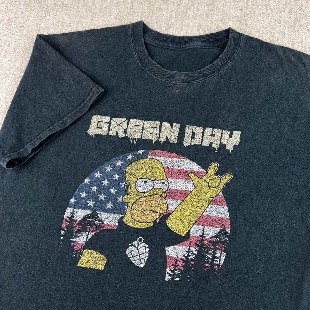 Green Day Band T-Shirt Mens Large Faded Black Homer Simpson American Flag Punk